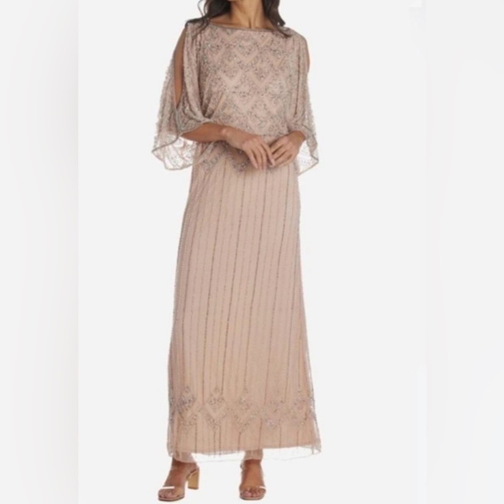 Pisarro Nights Fully Beaded Diamond Motif Mesh Blouson Gown NWT 14 Blush Color